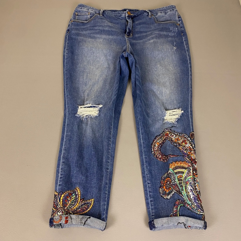 Chicos Jeans 1.5 US 10 So Slimming Girlfriend Ankle Blue Paisley Embroidered